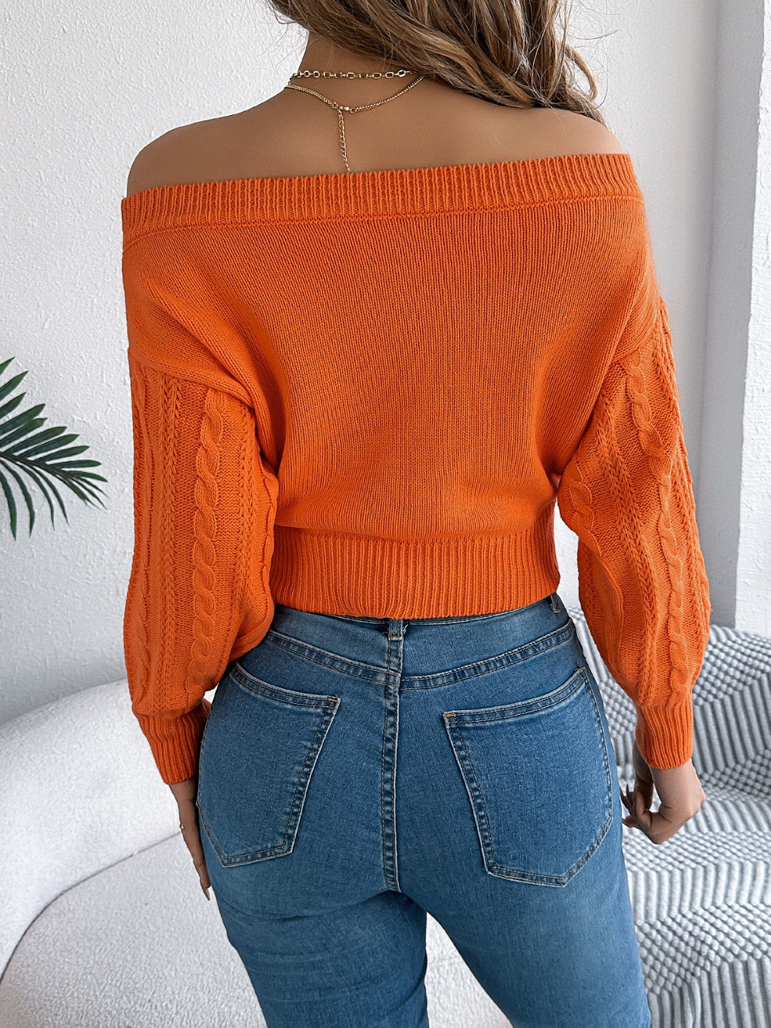 Cable Knit Off-Shoulder Sweater - Cozy Long Sleeve
