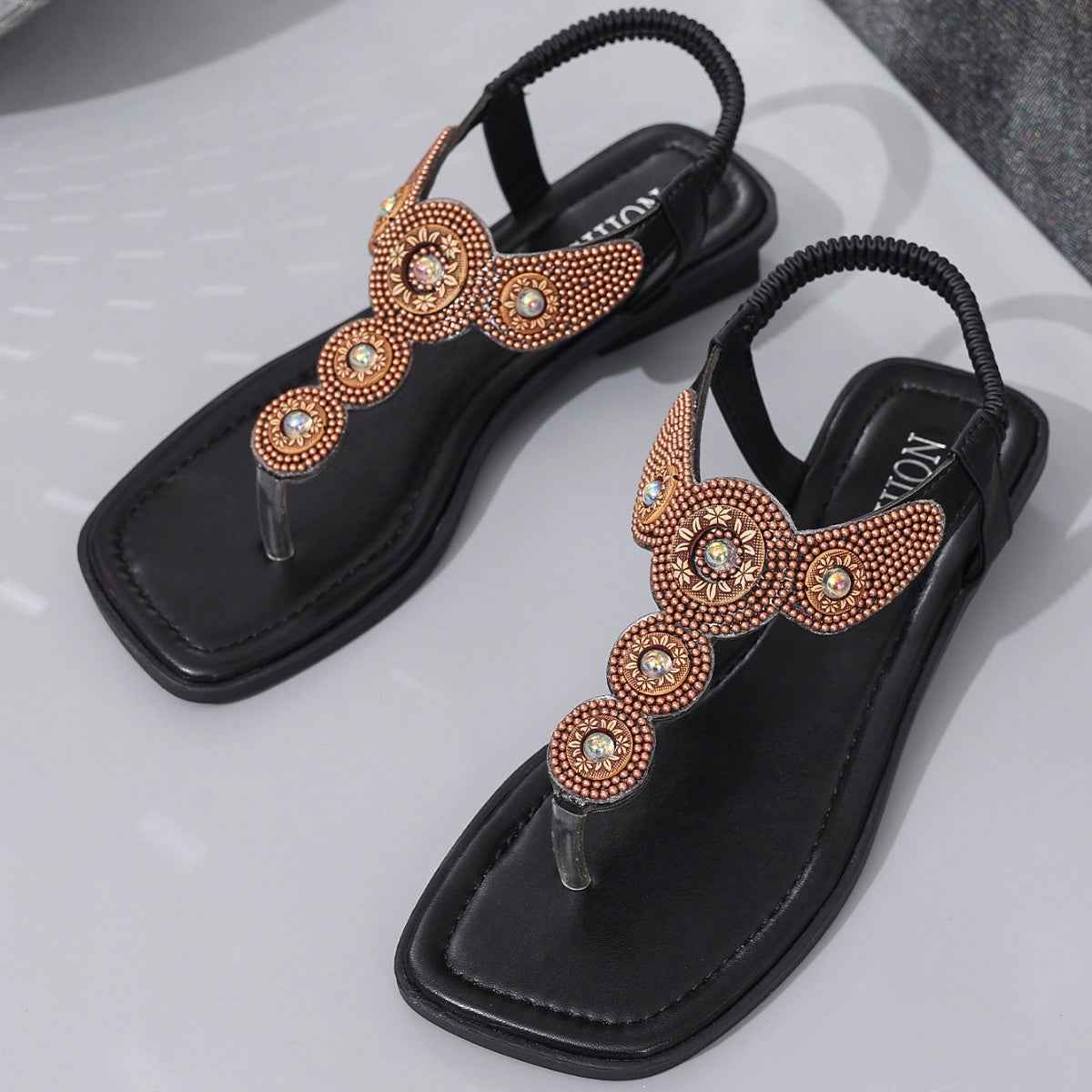 Beaded T-Strap Flat Sandals
