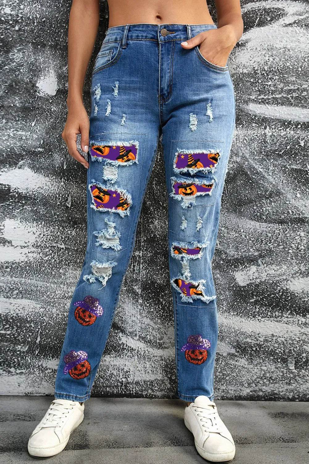 Distressed Sequin Pumpkin Jeans - Fashions Envy