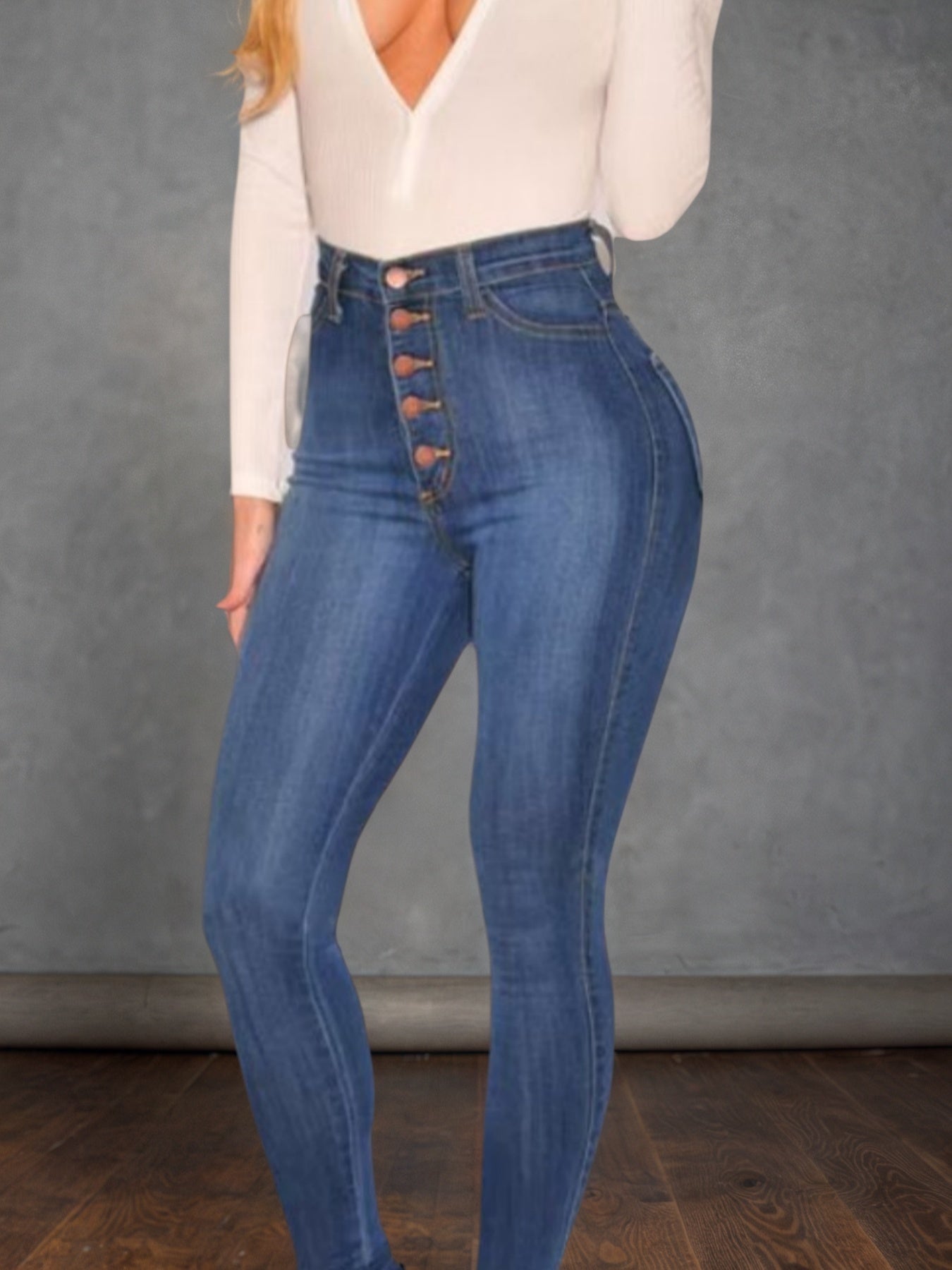 High Waisted Buckle Jeans - Mid Blue Fashion Style - Fashions Envy