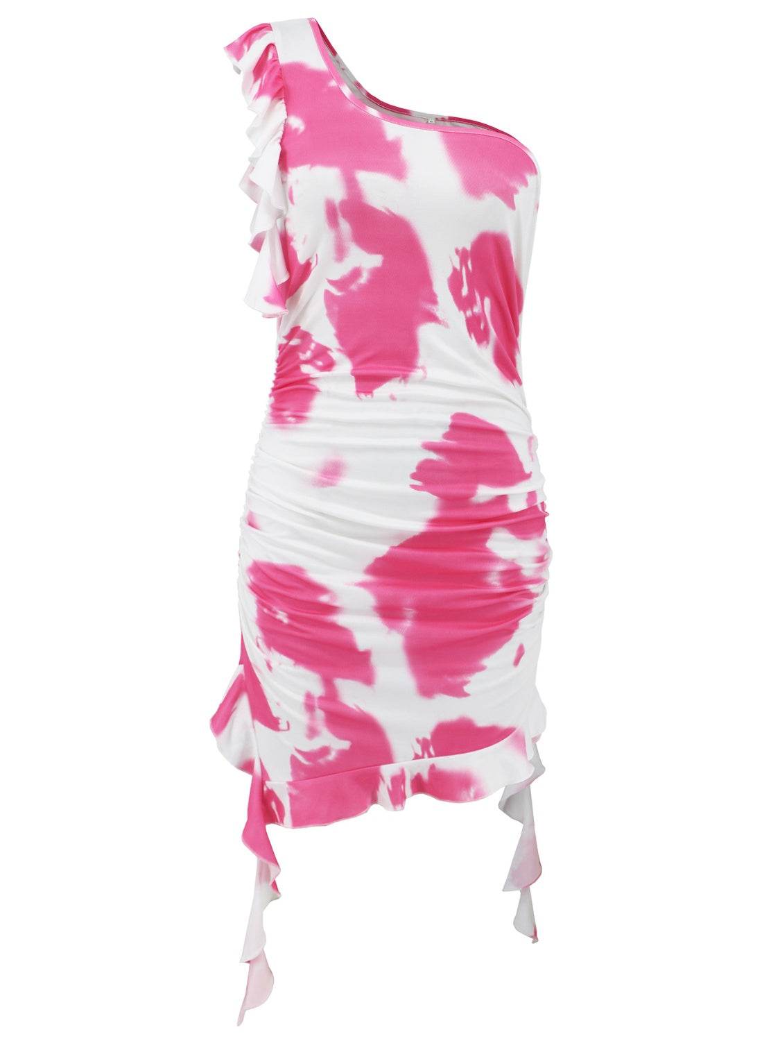 Ruffled Tie-Dye Single Shoulder Mini Dress - Fashions Envy