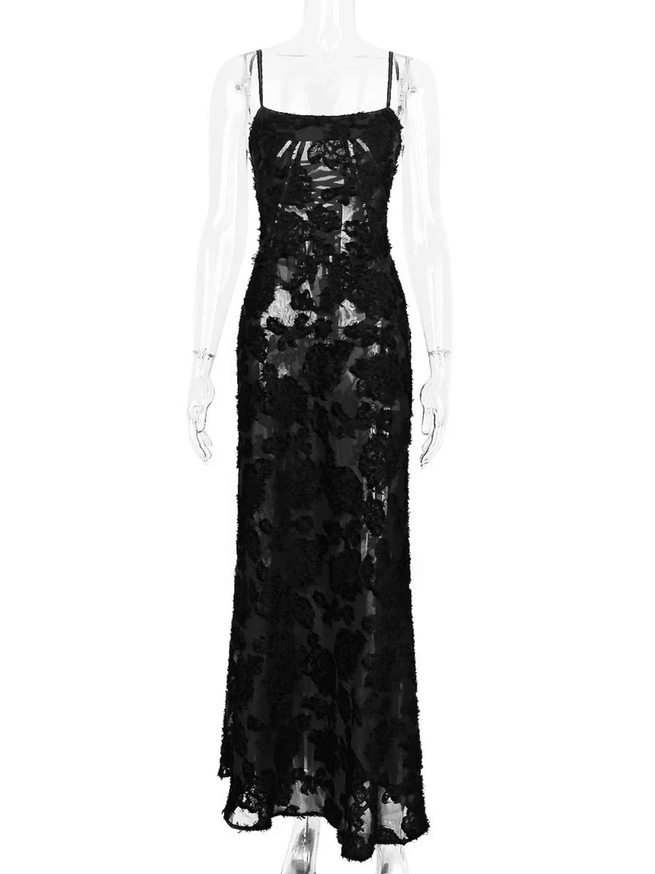 Black Maxi Dress - Lace Spaghetti Strap Gown