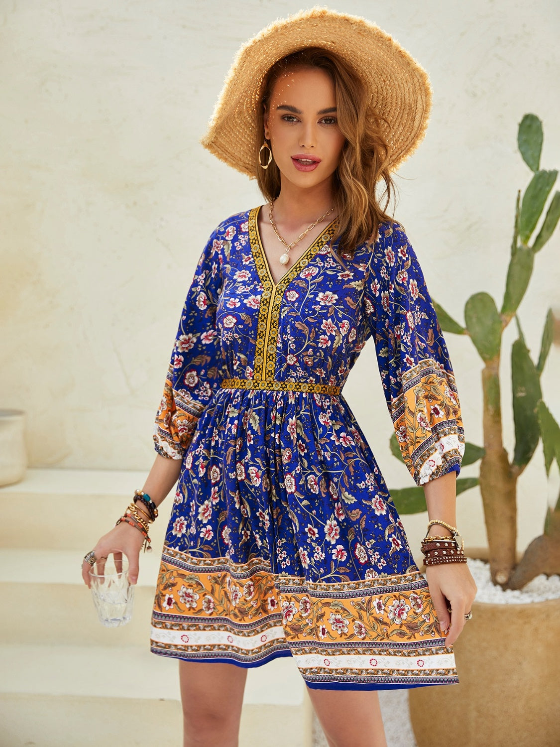 Indigo Blue Printed V-Neck Mini Dress