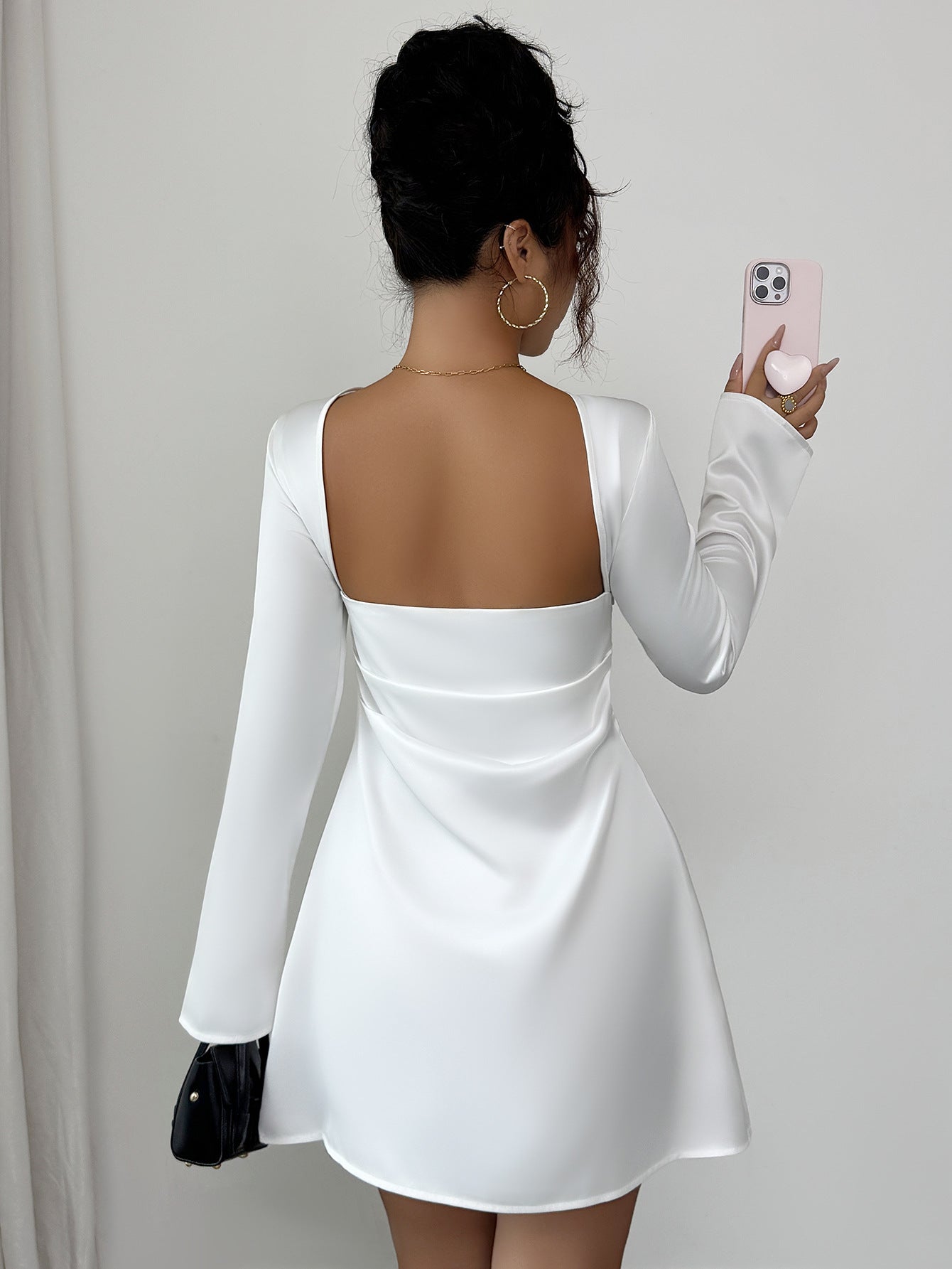 Backless Mini Dress - Flared Long Sleeve Party Dress - Fashions Envy