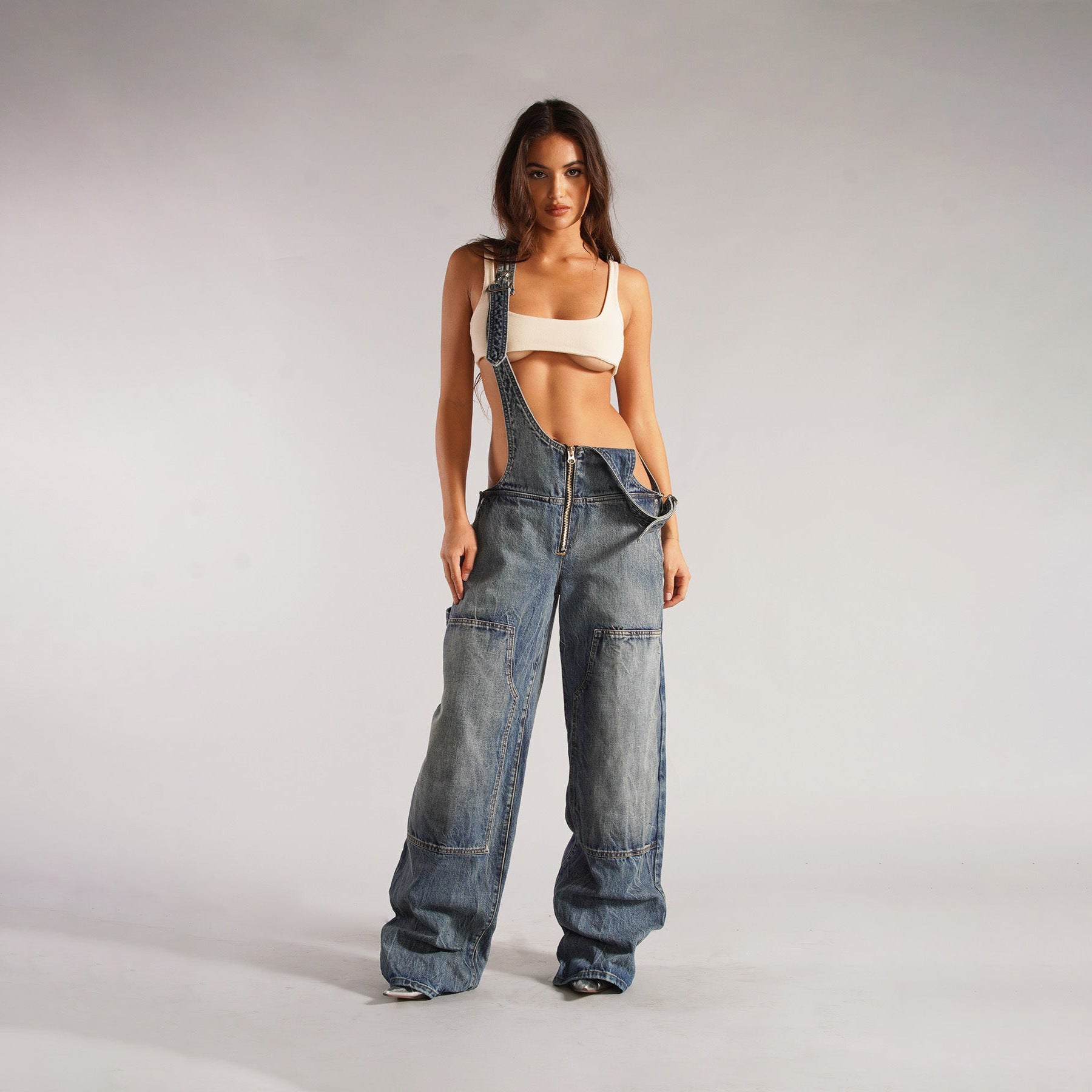 Denim Overalls - Y2K Zipper Suspender Wide Leg Jeans