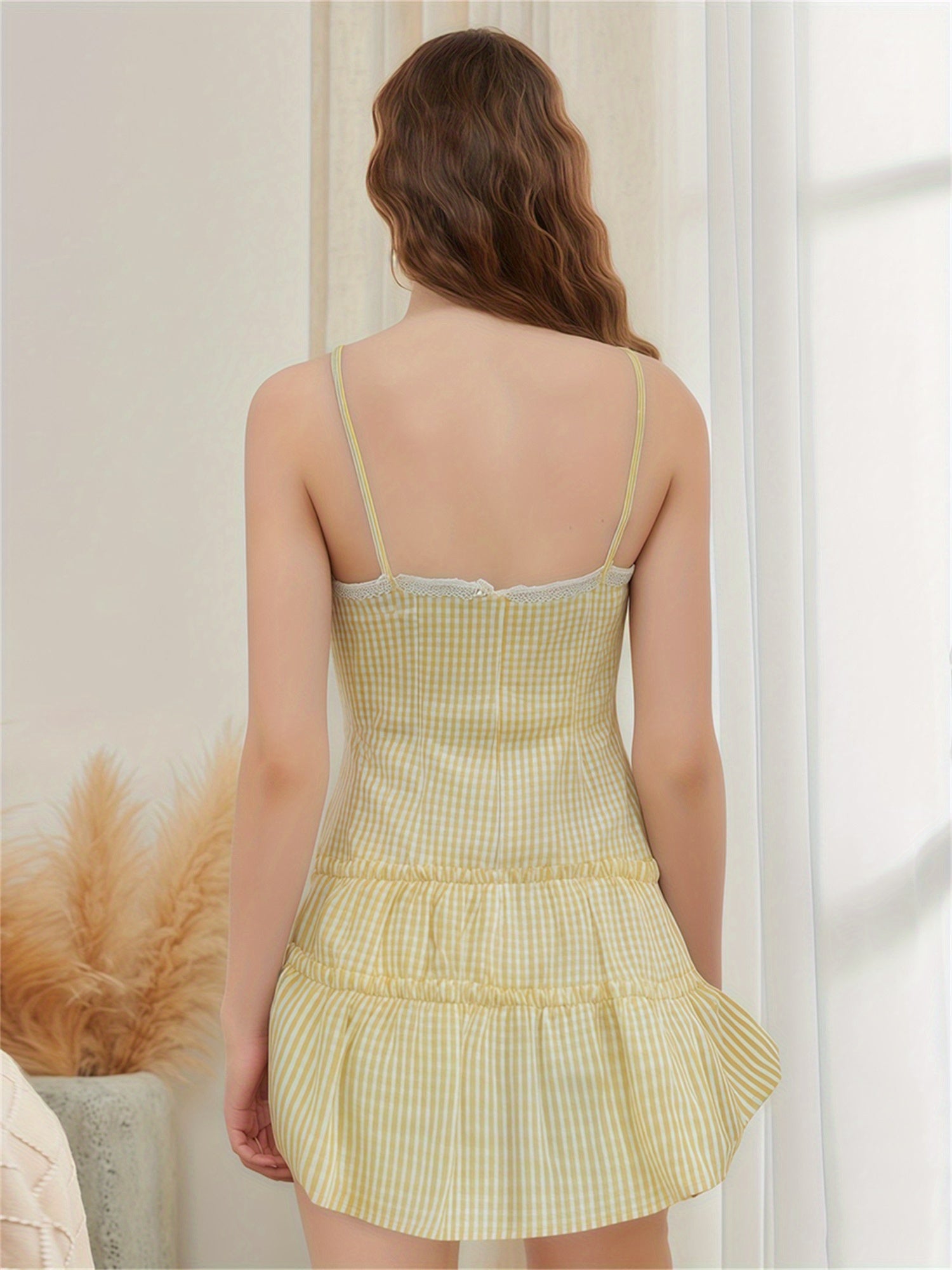 Sleeveless Casual Lace Trim Plaid Print Backless Ruffled Mini Dress - Party Dress for Vacation Beach Streetwear