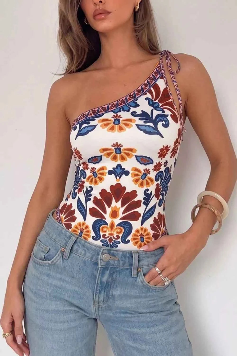 Floral Print One-Shoulder Tie Bodysuit