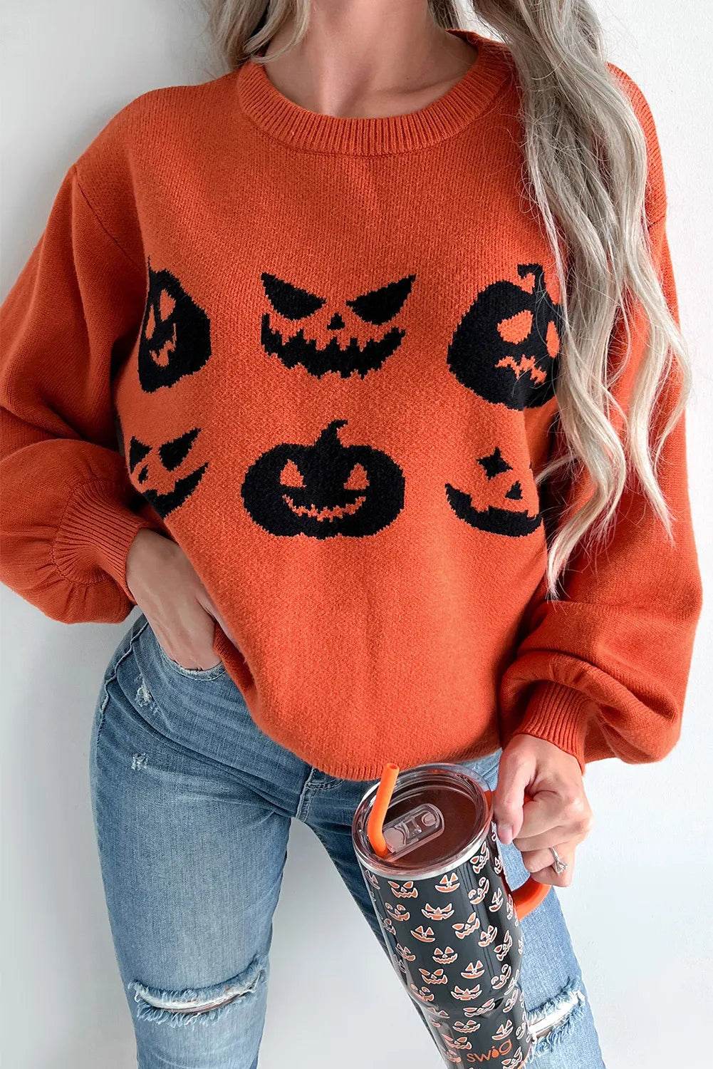 Pumpkin Pattern Round Neck Sweater - Fashions Envy