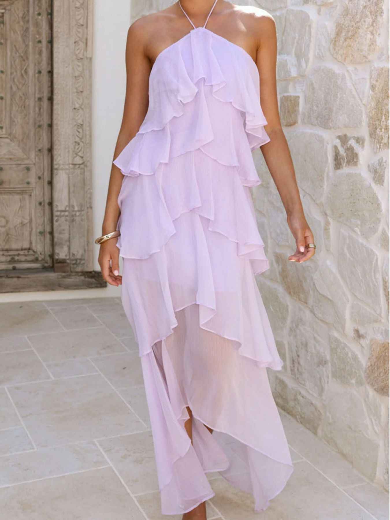 Tiered Ruffle Halter Midi Dress - Layered Flowy Style