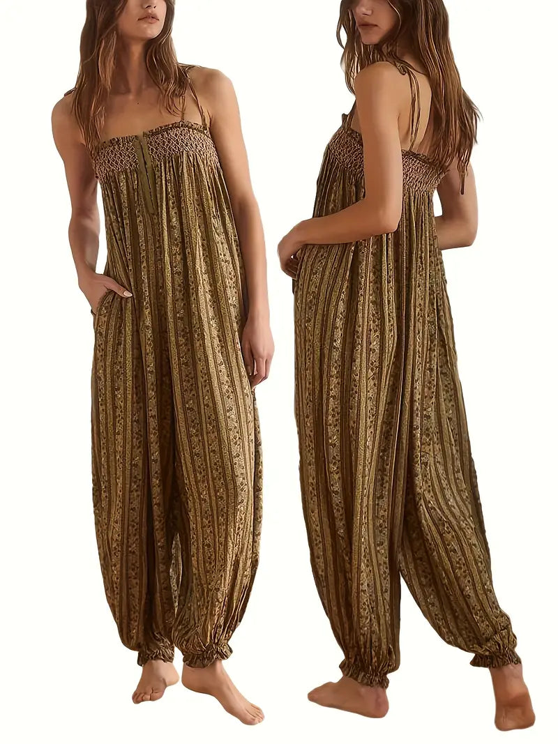 Sleeveless Flowy Vibrant Striped Jumpsuit with Lace Trim