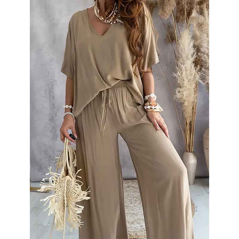 Two-Piece Lounge Set - V-Neck Top & Wide Leg Pants - Fashions Envy