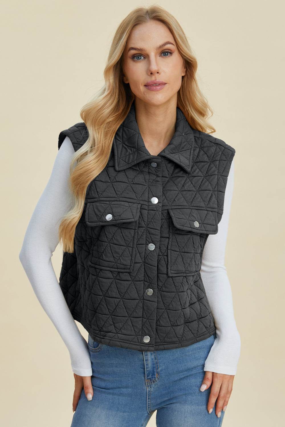Double Take Full Size Pocketed Texture Snap Down Vest Coat - Fashions Envy