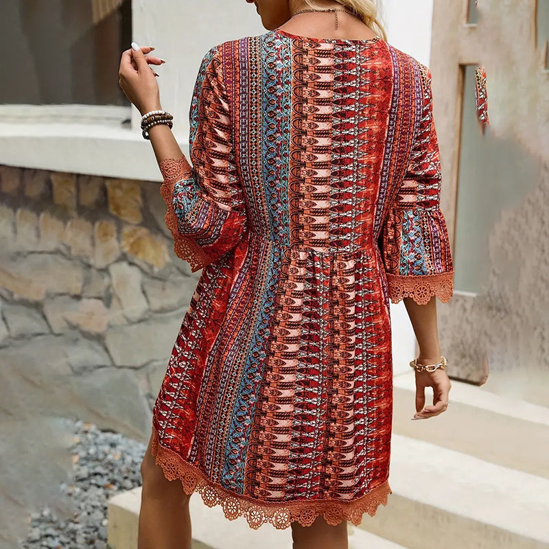 Boho V-Neck Sundress - Lace Trim Print Dress