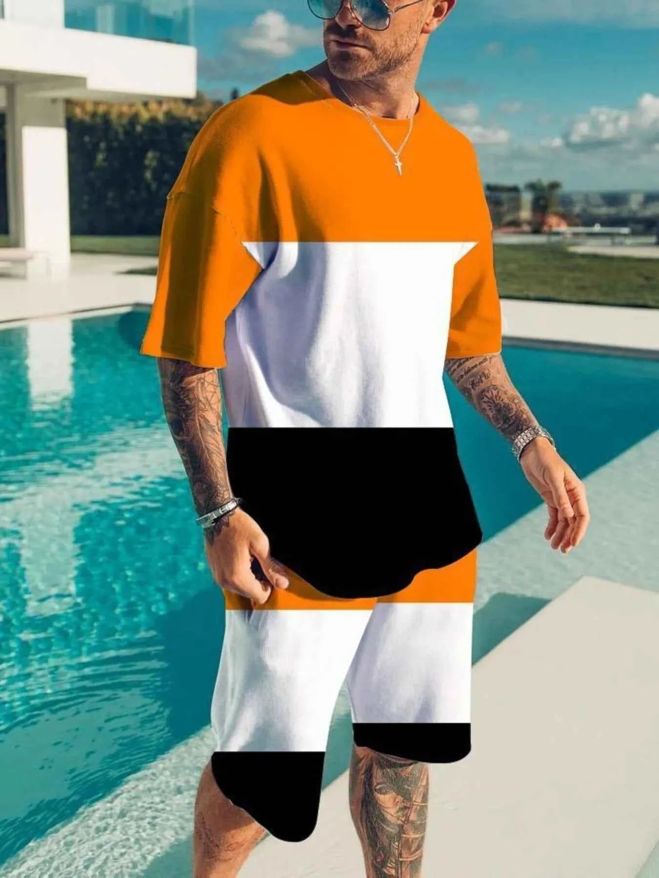 Men's Full Size Color Block Tee and Shorts Set Plus Size