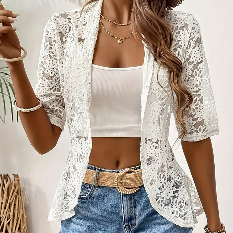 Women's Floral Lace 3/4 Sleeve Bolero Shrug - Sheer Open Front Cardigan