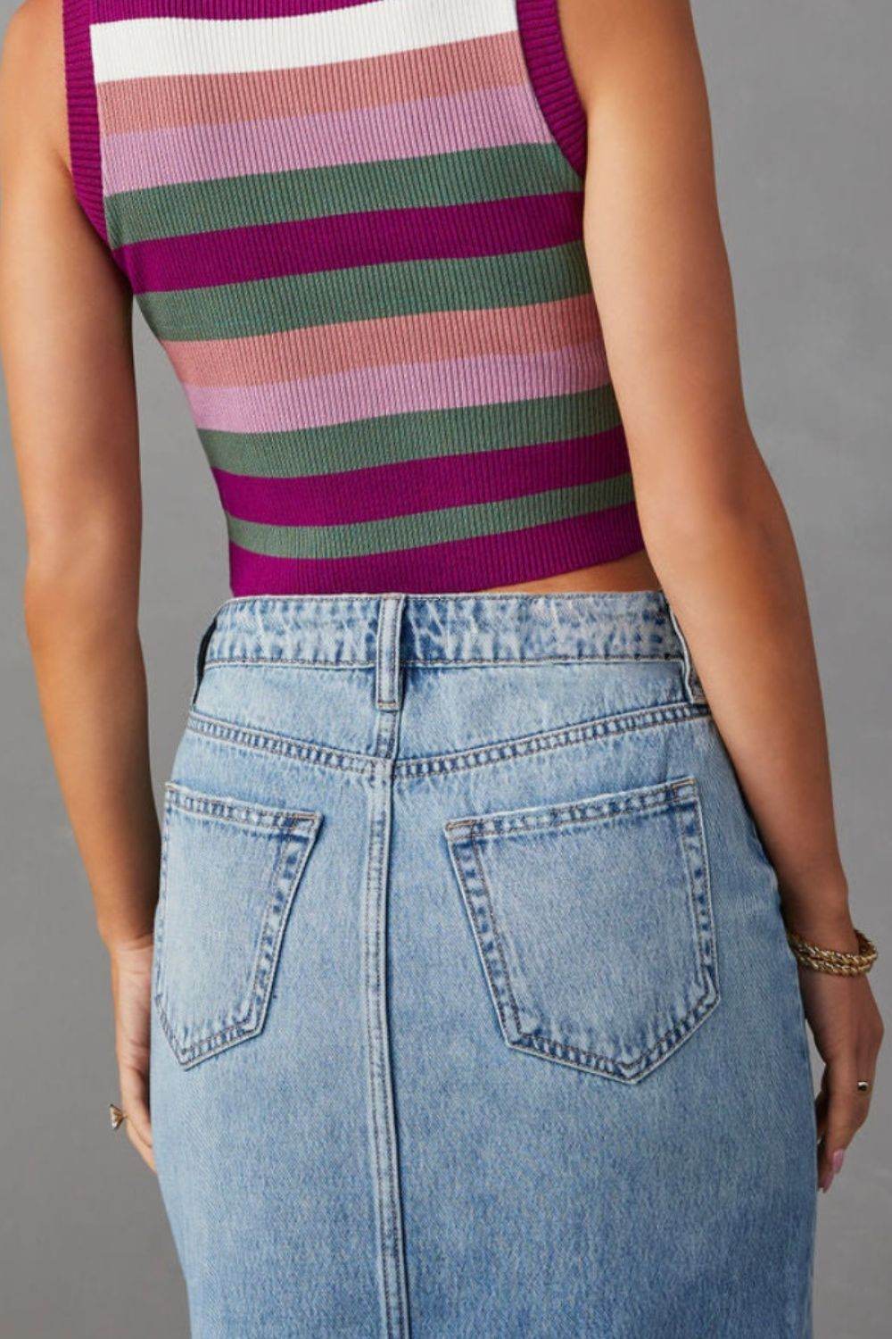 Slit Raw Hem Midi Denim Skirt - Fashions Envy