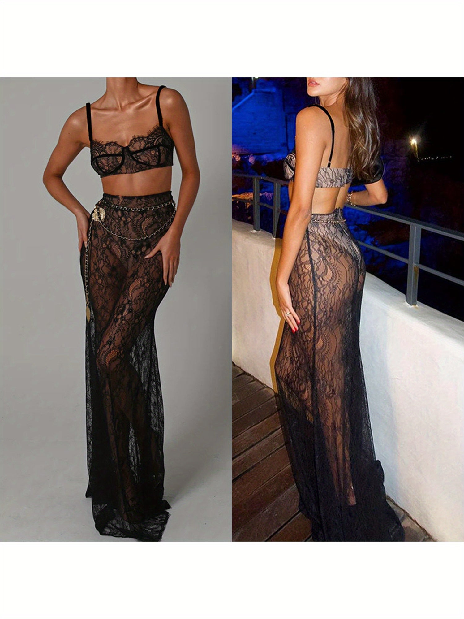 Passionate Goddess Sexy Sheer Mesh Bra Halter Top & Maxi Skirt Set