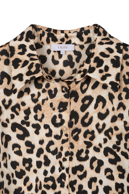 Satin Long Sleeve Leopard Blouse