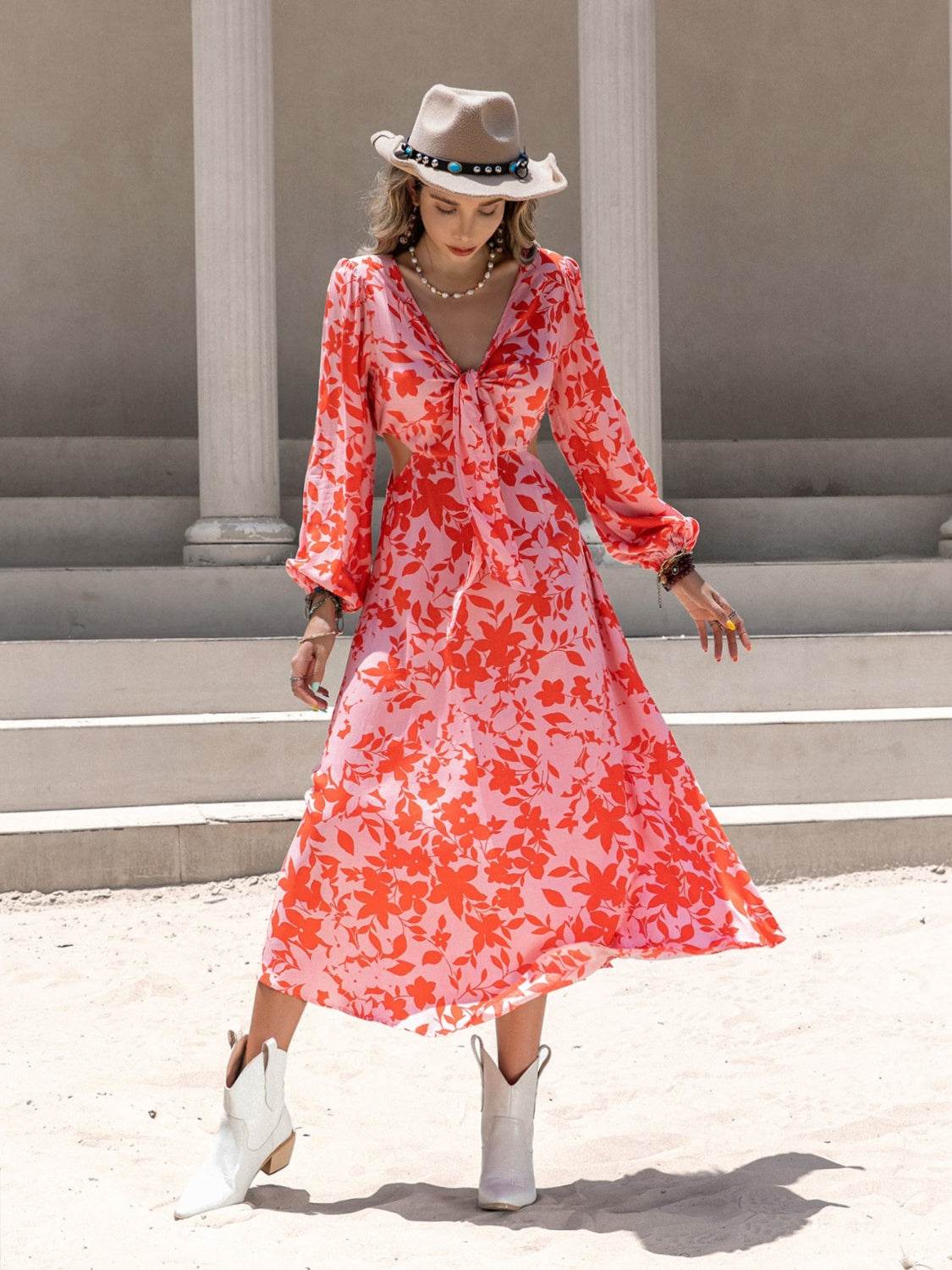 Tied Cutout Printed Long Sleeve Midi Dress - Fashions Envy