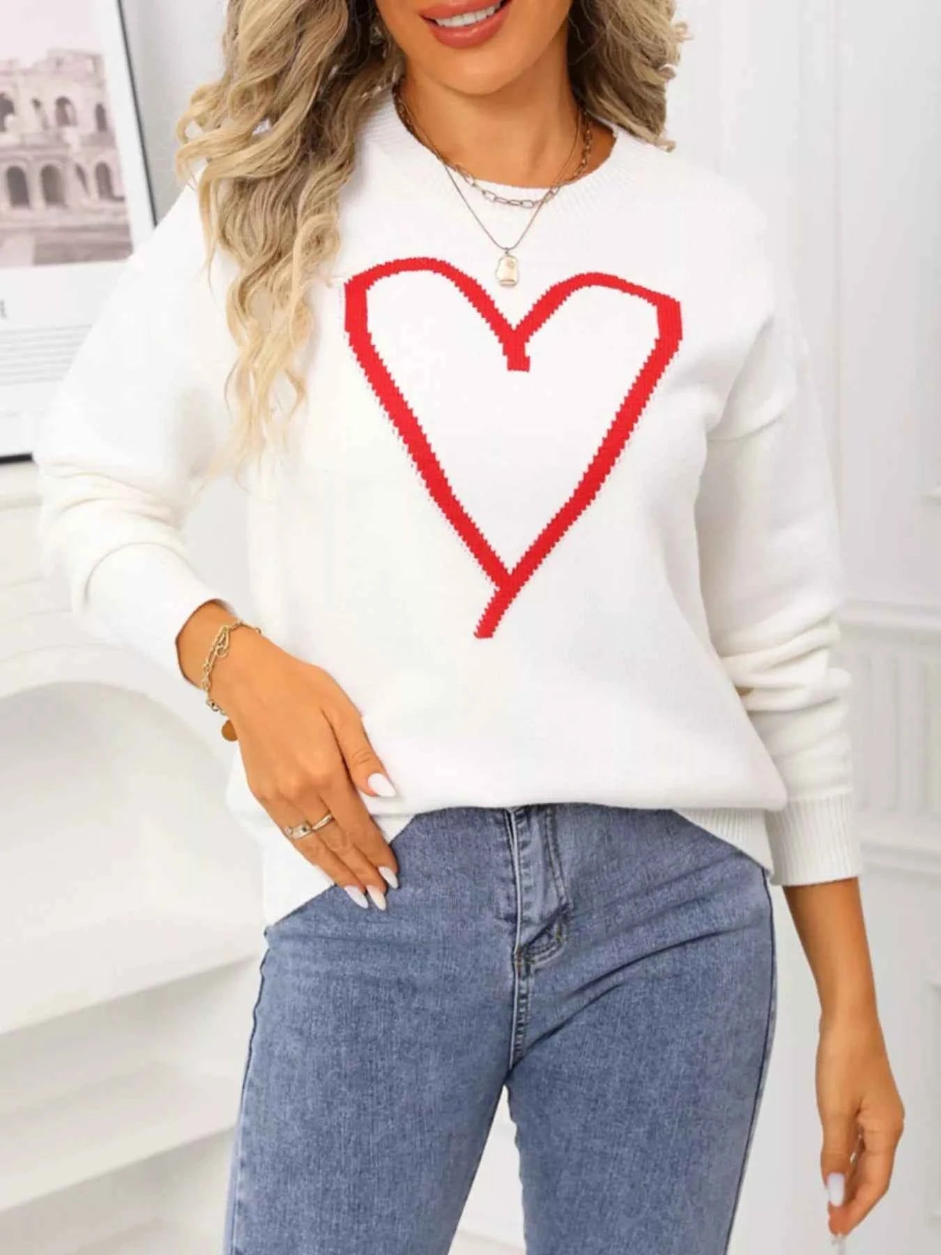 Valentine's Day Heart Graphic Dropped Shoulder Sweater - Fashions Envy