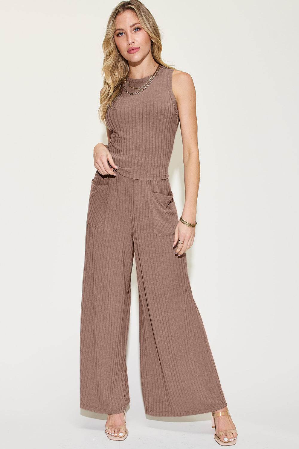 Basic Bae Full Size Ribbed Tank and Wide Leg Pants Set - Fashions Envy