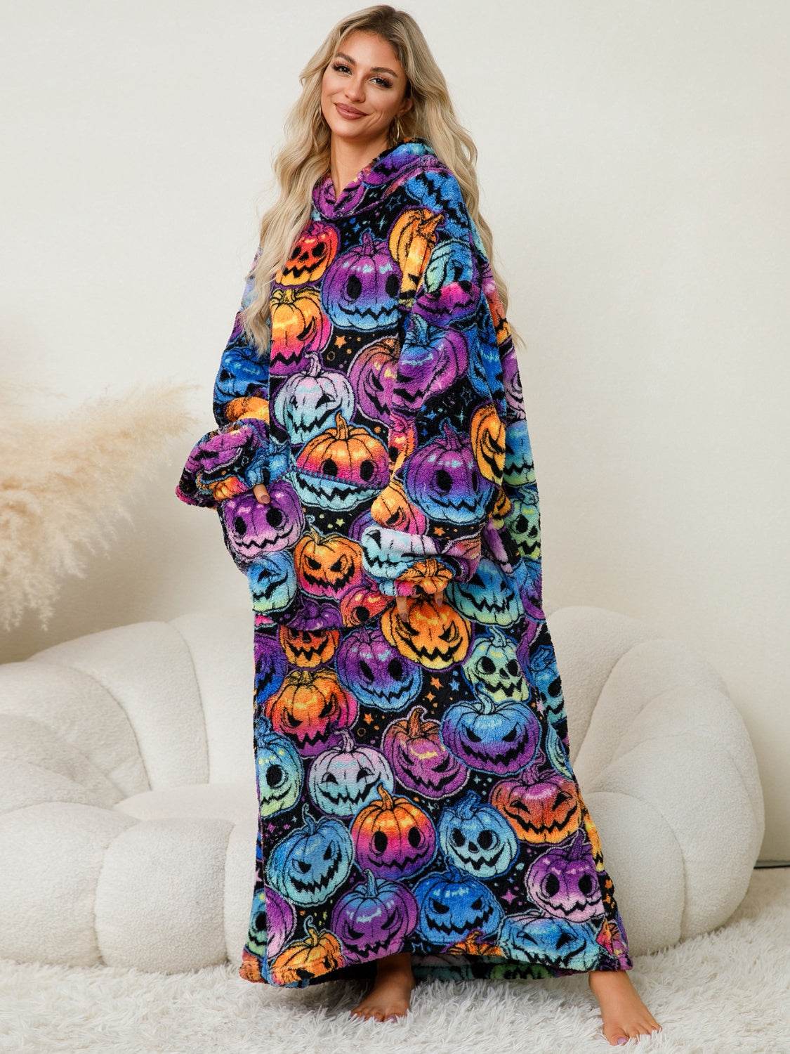 Fuzzy Pocketed Long Sleeve Hooded Lounge Dress - Fashions Envy