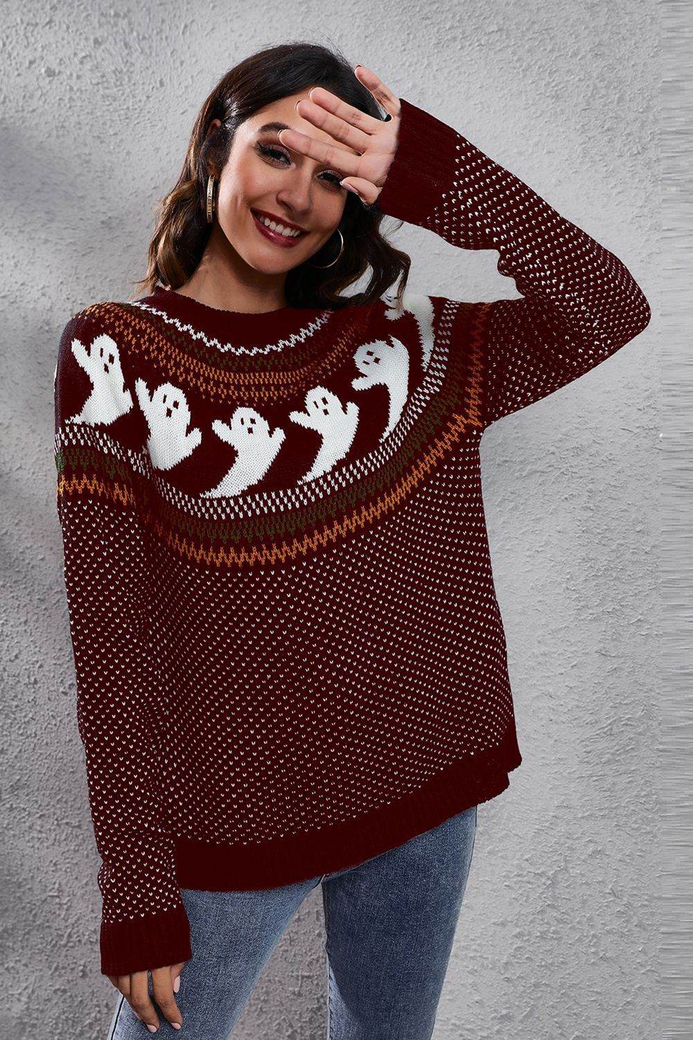 Ghost Pattern Round Neck Long Sleeve Sweater - Fashions Envy