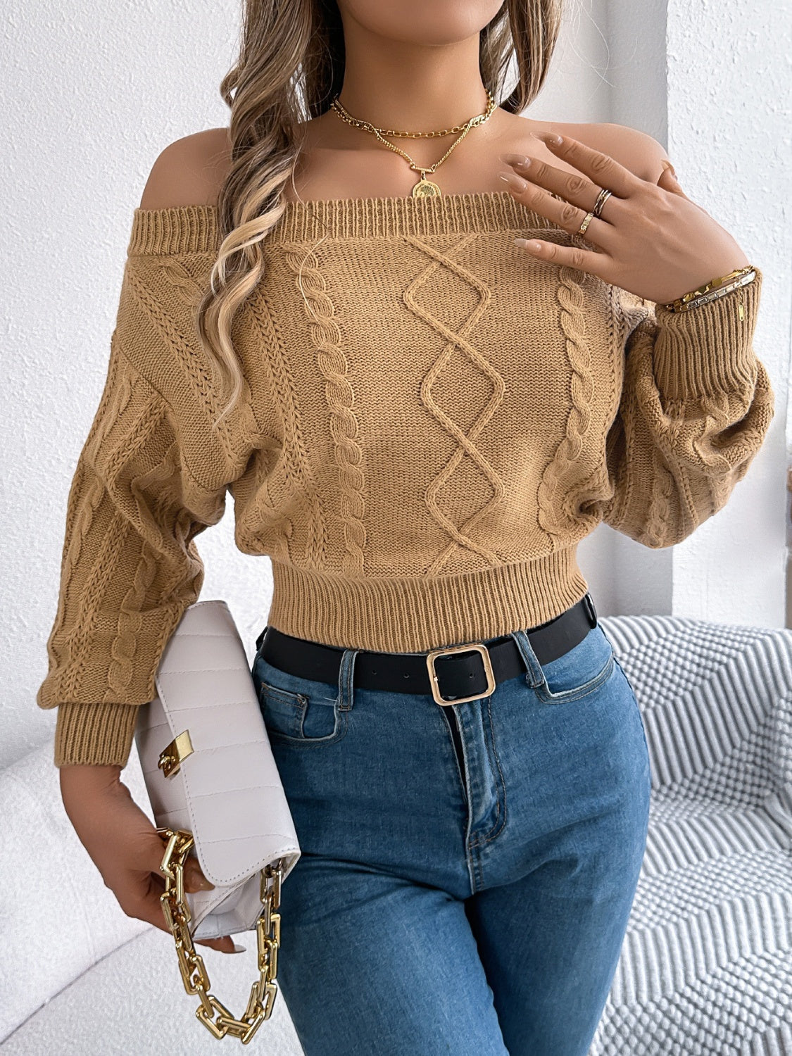 Cable Knit Off-Shoulder Sweater - Cozy Long Sleeve