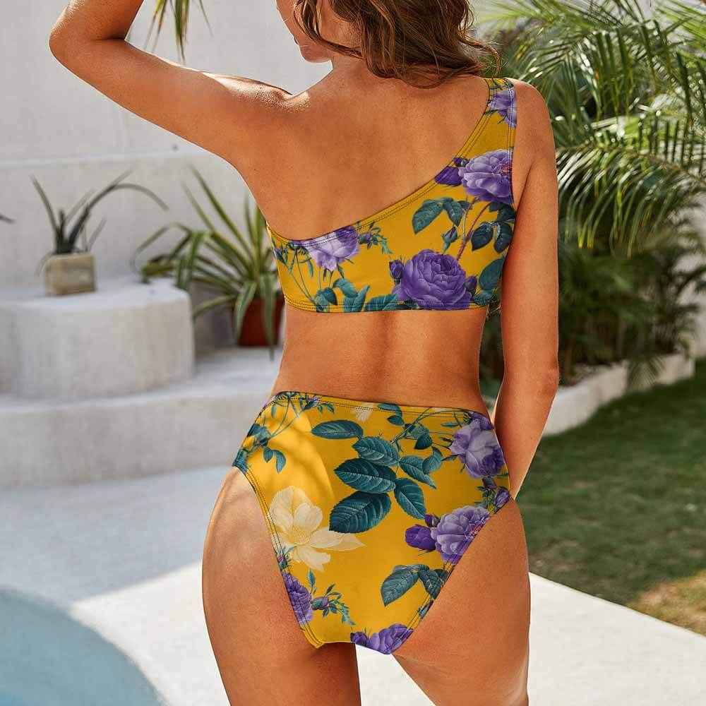 Floral Bikini Set - Yellow One Shoulder High Waist