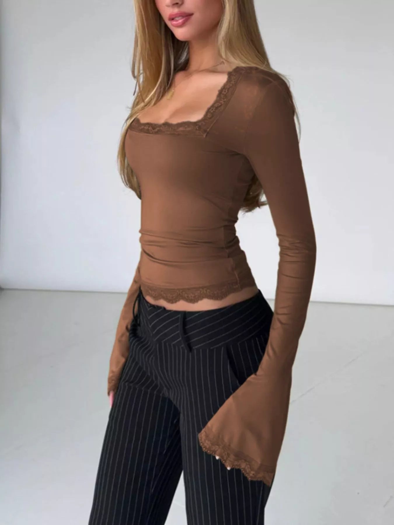 Lace Trim Top - Square Neck Long Sleeve Fitted - Fashions Envy