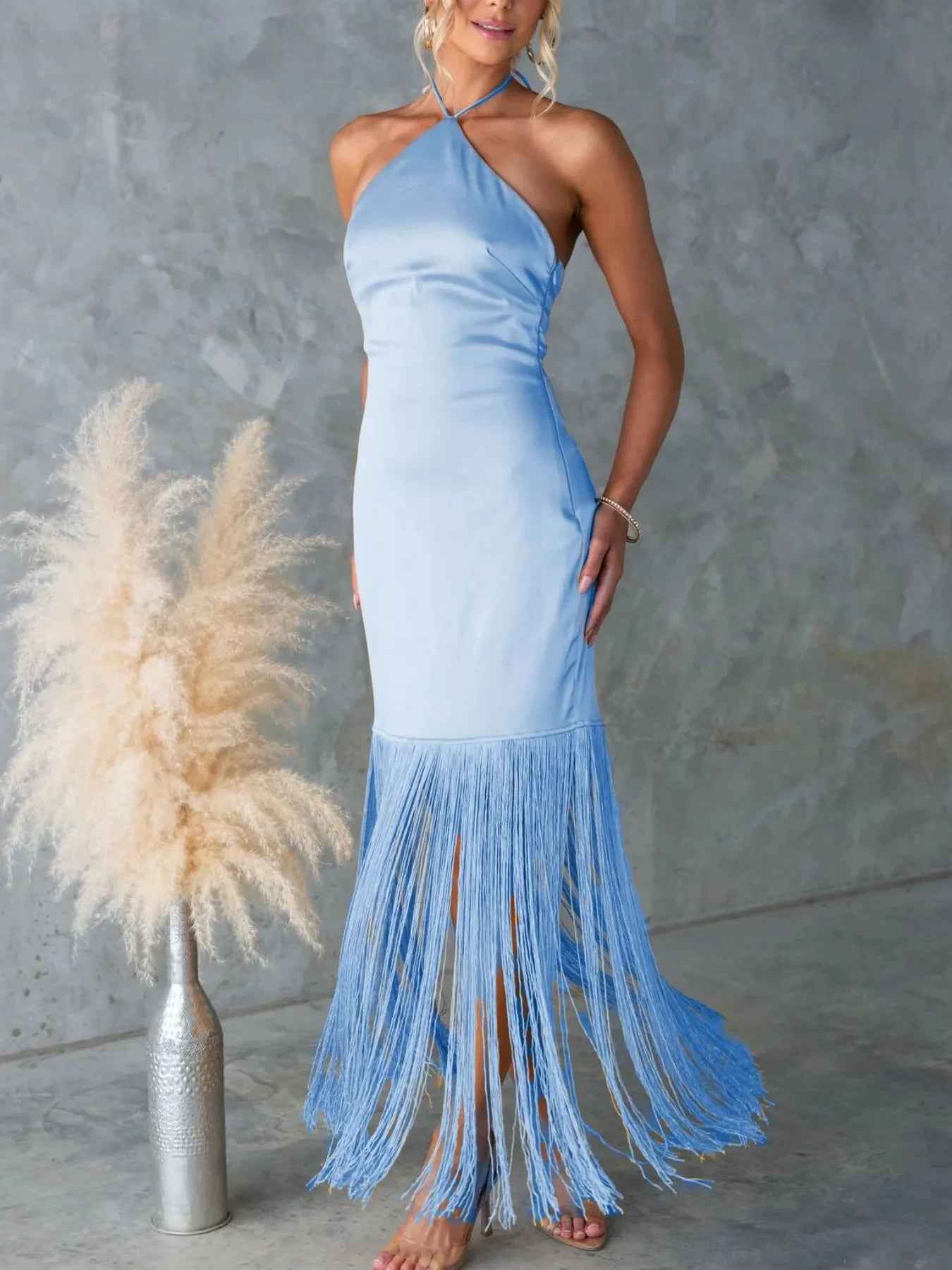 Fringe Halter Dress - Backless Bodycon Maxi Dress - Fashions Envy