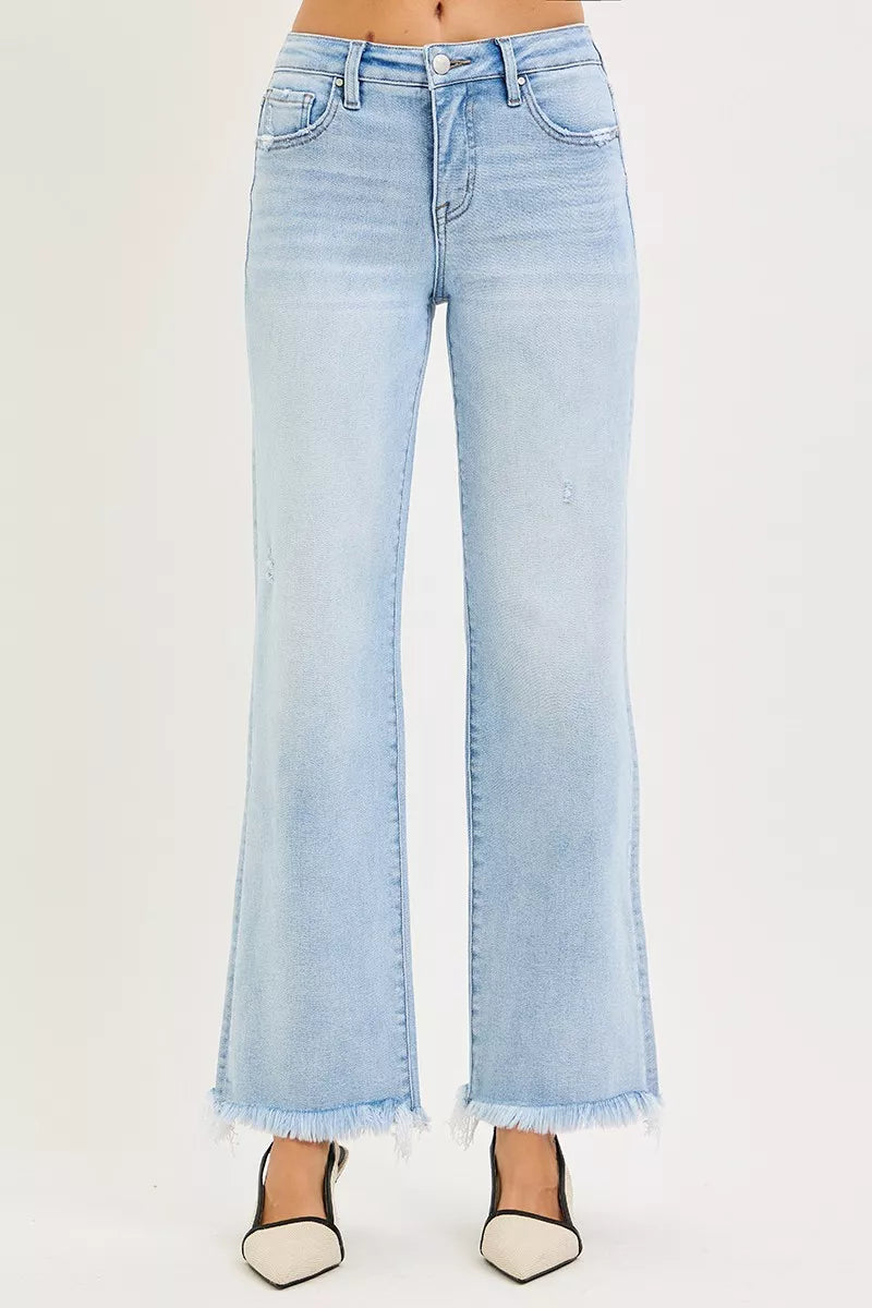 RISEN Ankle Straight Jeans - Tummy Control Mid Rise Fray Hem - Fashions Envy