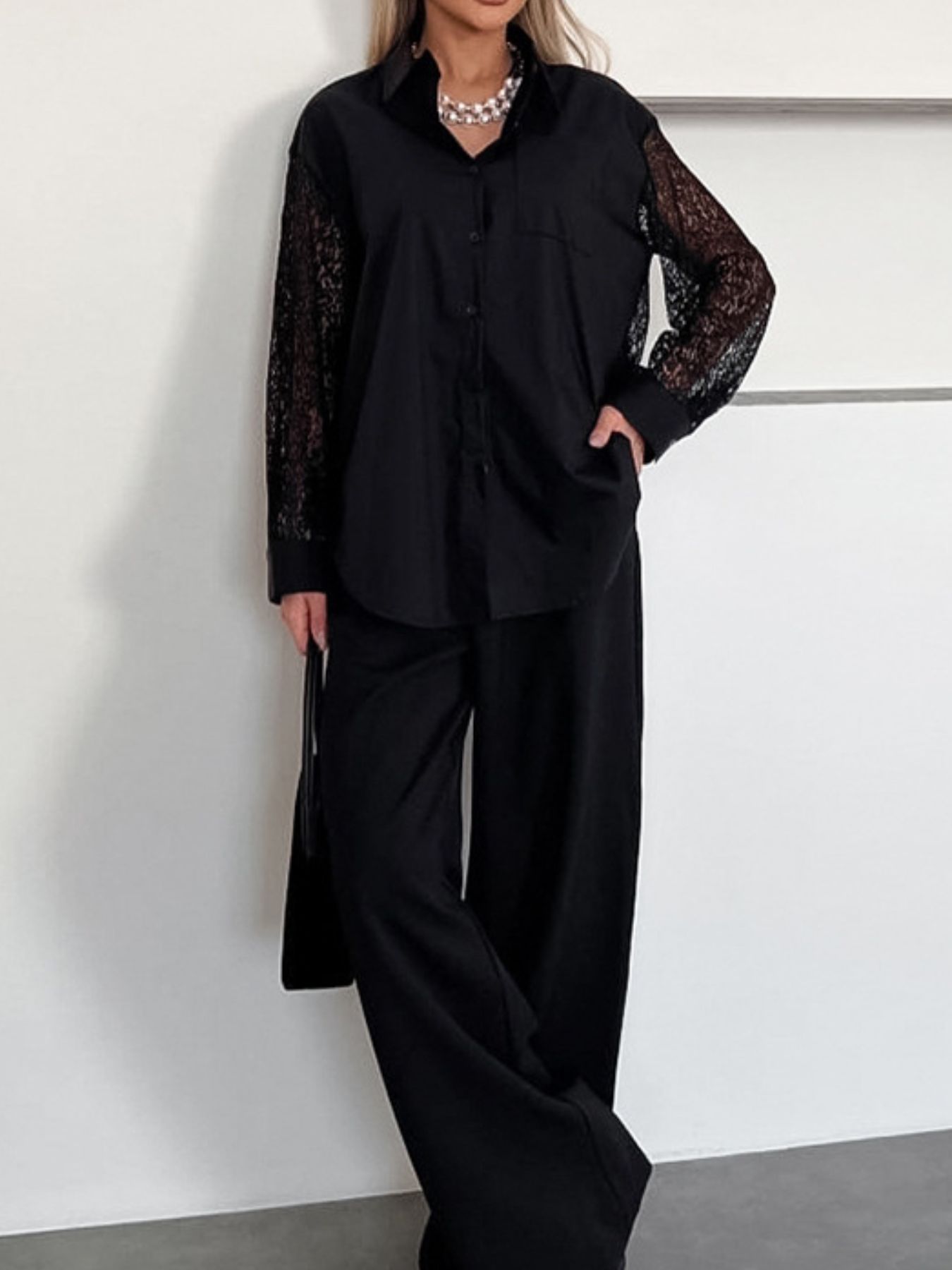 Lace Sleeve Button-Down Shirt - Front Pocket Detail