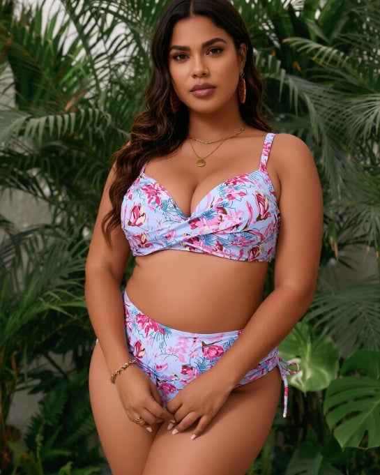 Purple Floral Plus Size Bikini - Halter Tie Neck High Waist