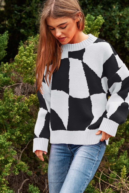 Oversized Multi Geo Checker Pullover Knit Sweater
