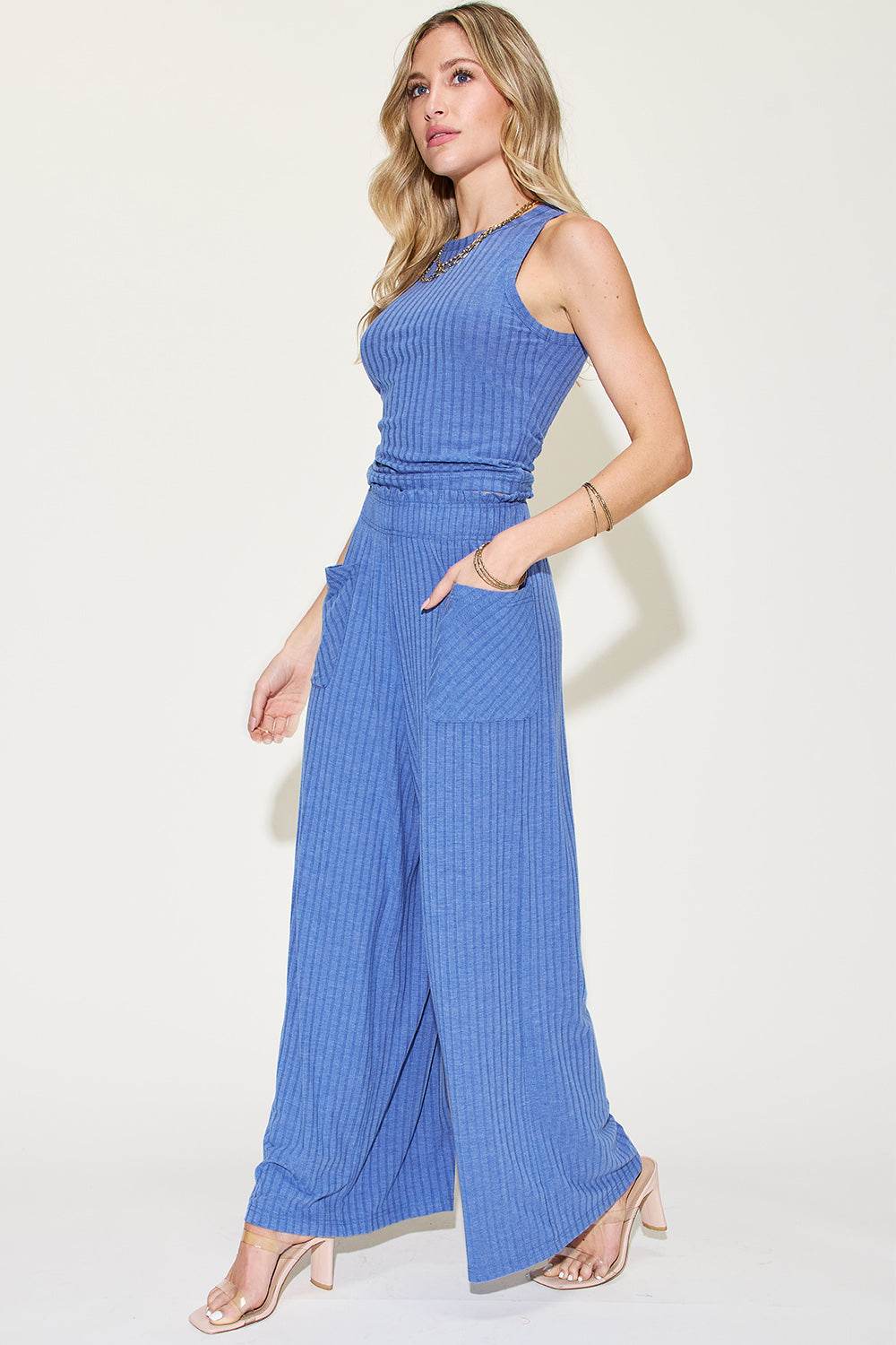Basic Bae Full Size Ribbed Tank and Wide Leg Pants Set - Fashions Envy