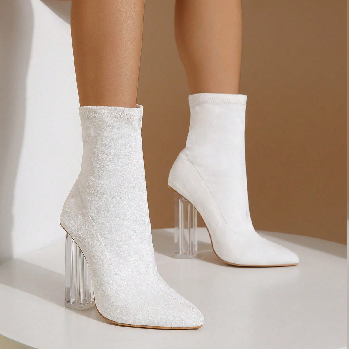 Crystal Heel Boots - Elastic Mid-Calf Party Style