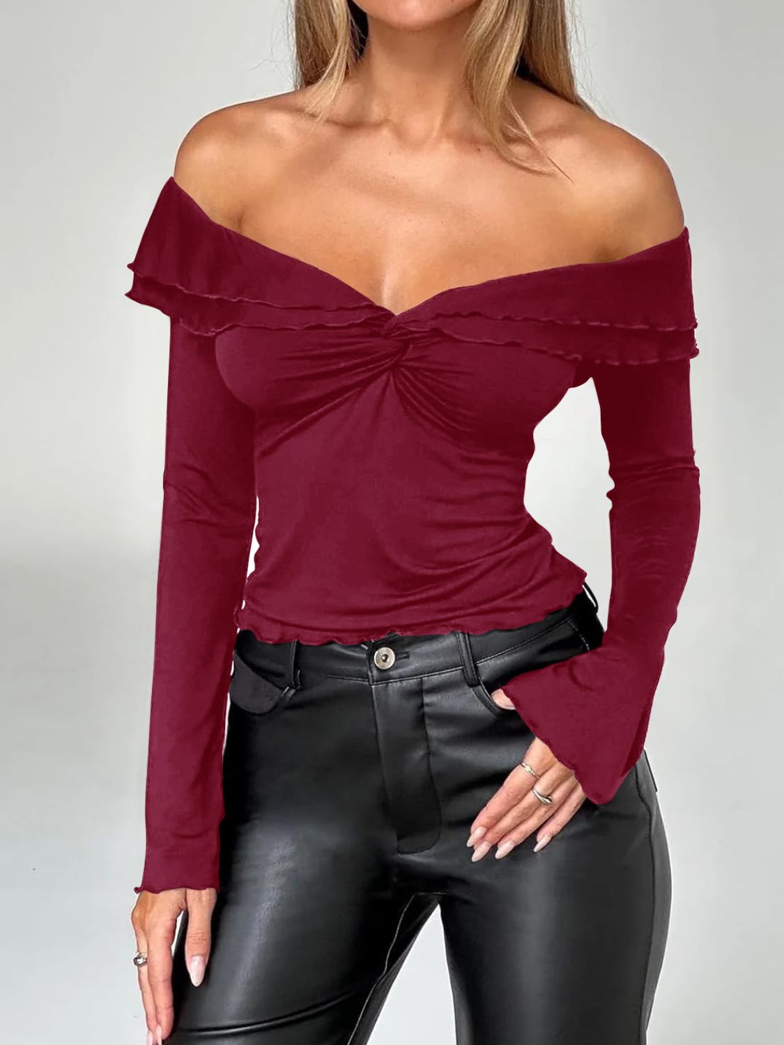 Devine Twisted Ruffled Off-Shoulder Long Sleeve T-Shirt - Fashions Envy