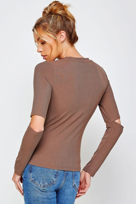 Ribbed Fitted Long Sleeve Top With Chest & Elbow Cutouts