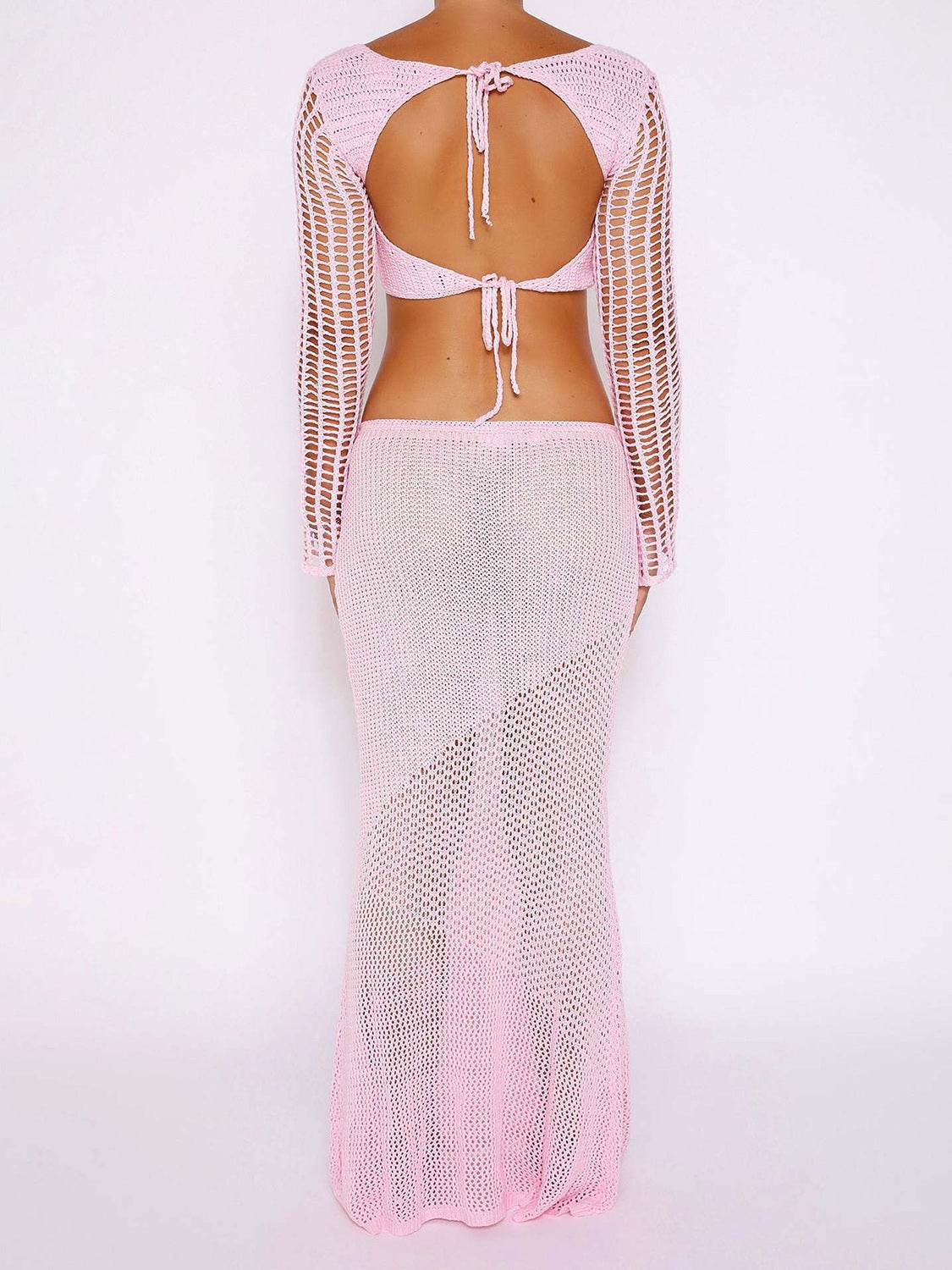 Tied Long Sleeve Top and Skirt Cover Up Set - Fashions Envy