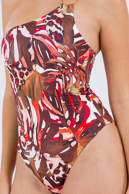 Floral Print One-shoulder One-piece Swimsuit