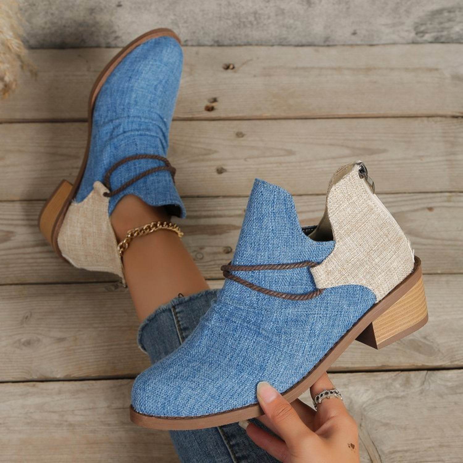 Contrast Canvas Low Heel Boots - Fashions Envy