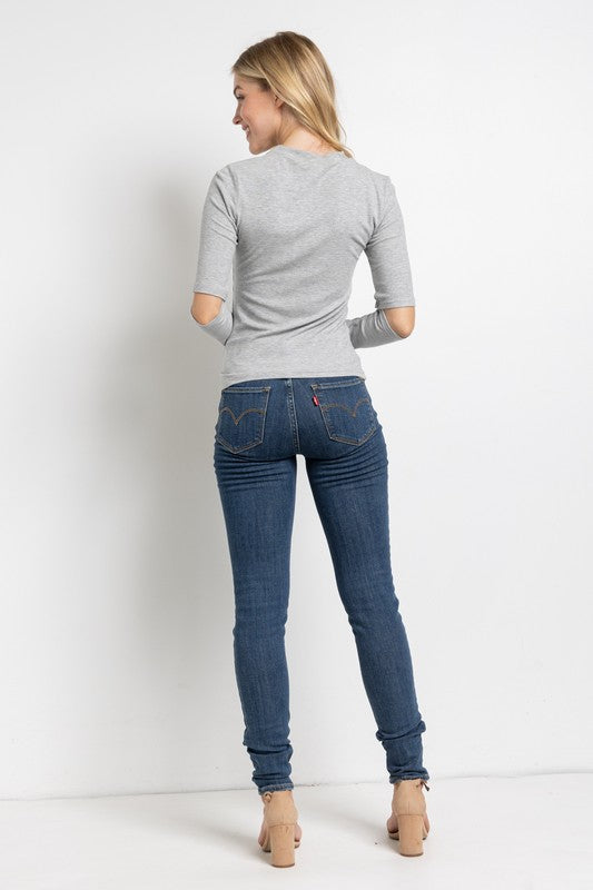 Ribbed Fitted Long Sleeve Top With Chest & Elbow Cutouts