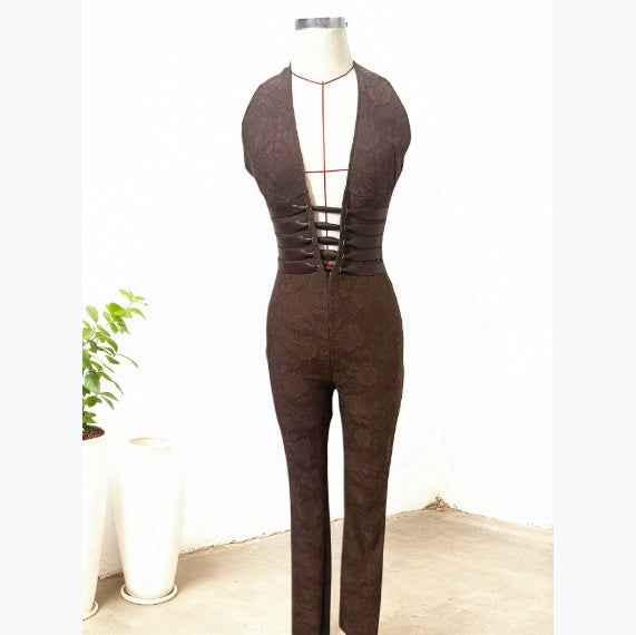Lace Halter Jumpsuit - Deep V Wide Leg Style - Fashions Envy