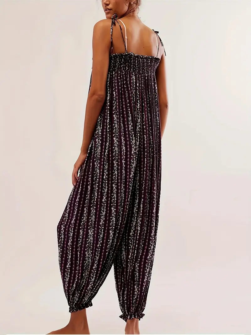 Sleeveless Flowy Vibrant Striped Jumpsuit with Lace Trim