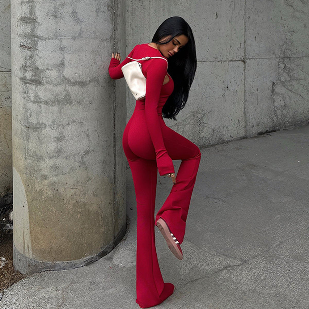 Long Sleeve Jumpsuit Set - Round Neck Tight Two-Piece