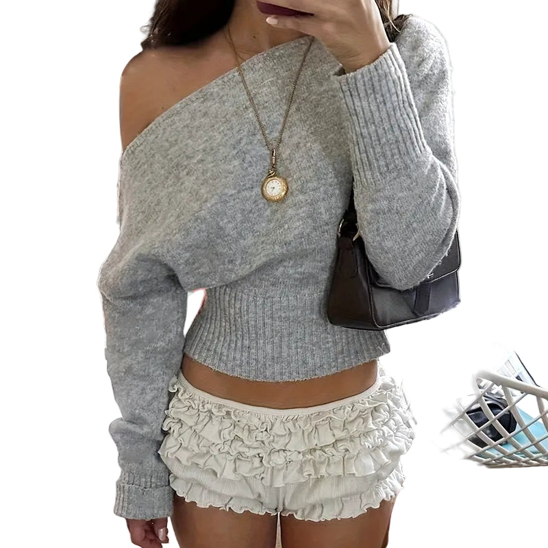 Off-Shoulder Cropped Sweater - Ribbed Knit Boat Neck Top