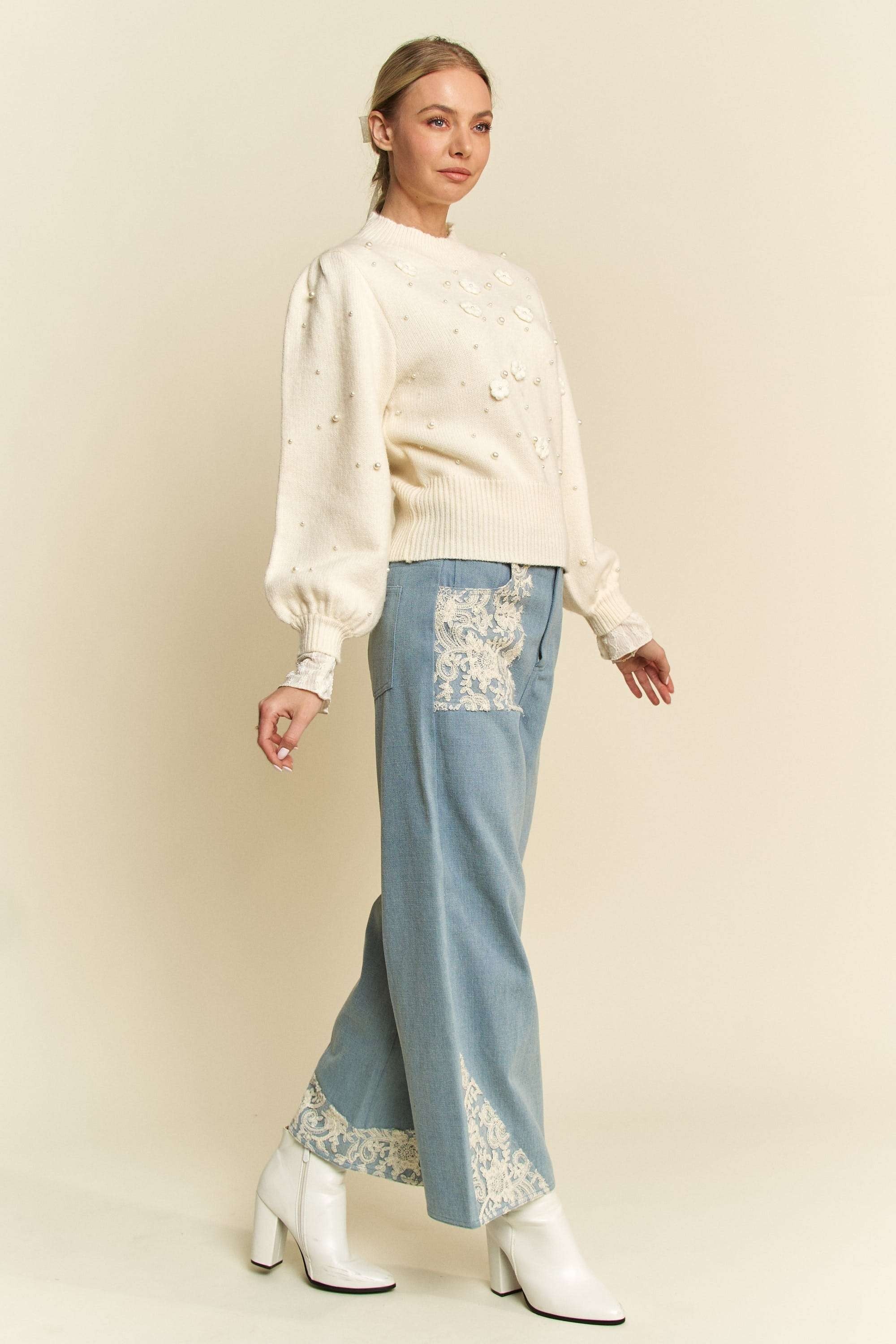 Light Denim Lace Applique Wide Leg Jeans