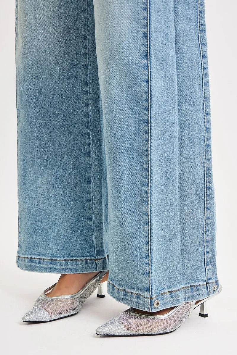 RISEN Mid Rise Wide Barrel Transferable Leg Snap Jeans - Fashions Envy