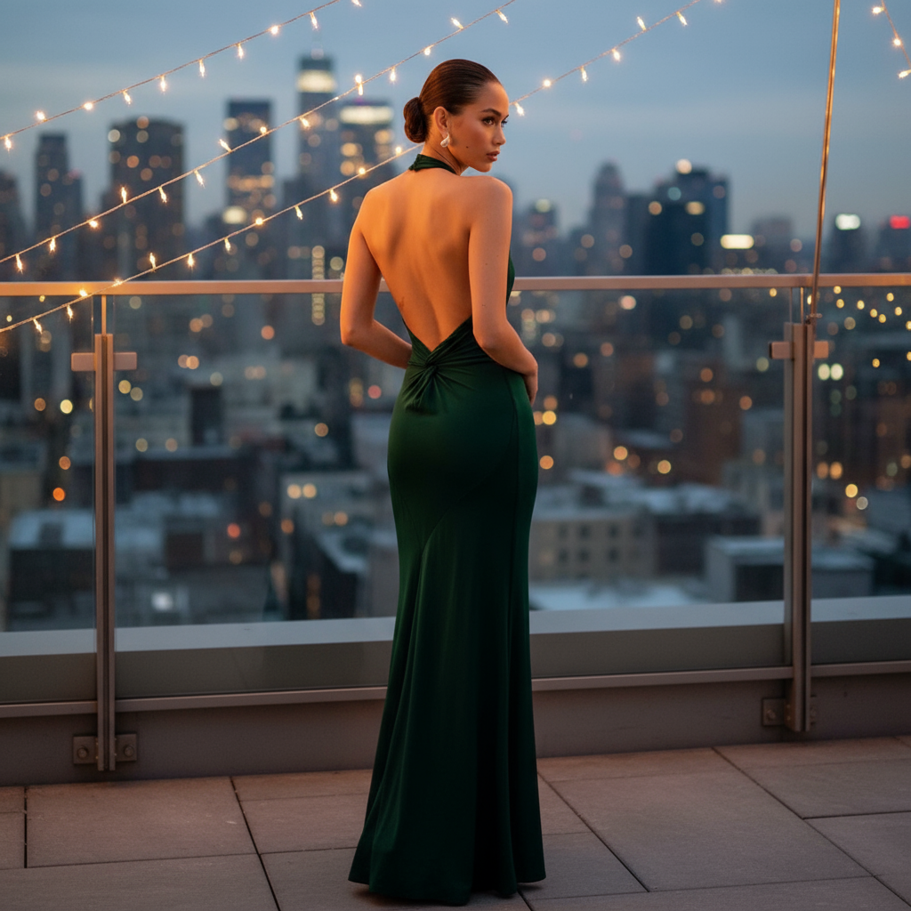 Backless Elegance - Emerald Green Back View